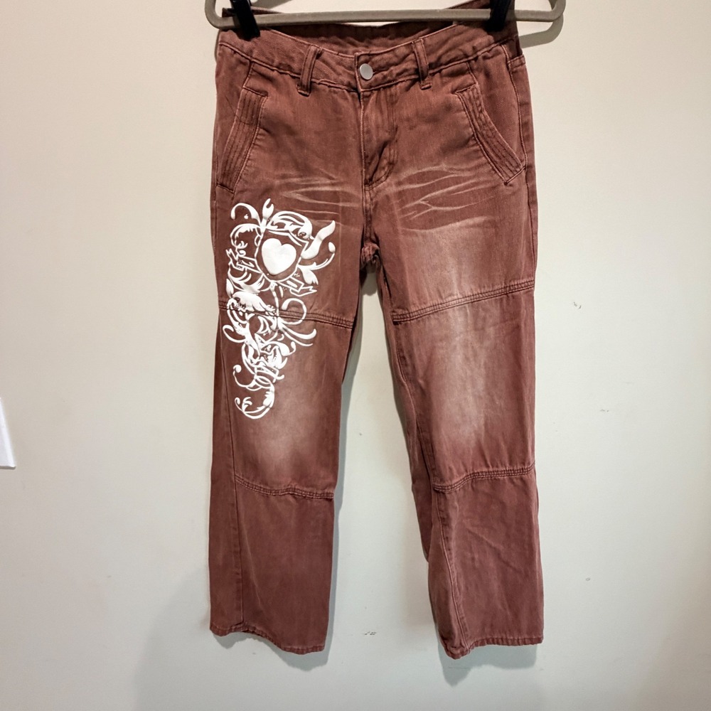 Y2K Jeans Graphic Pants Women M Brown Stretch Whimsigoth Indie Sleeze Streetwear
